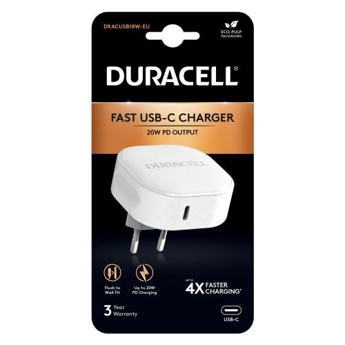 Φορτιστής Ταξιδίου Duracell PD 20W με Έξοδο USB C Λευκό