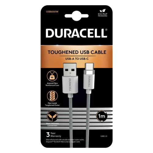 Καλώδιο Σύνδεσης USB 2.0 Duracell Braided Kevlar USB A σε USB C 1m Λευκό