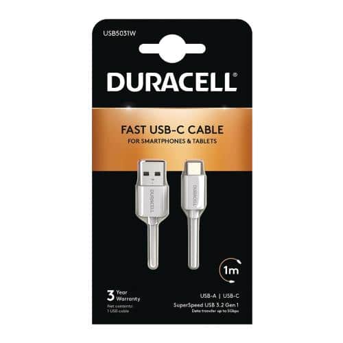 Καλώδιο Σύνδεσης USB 3.0 Duracell USB A σε USB C 1m Λευκό