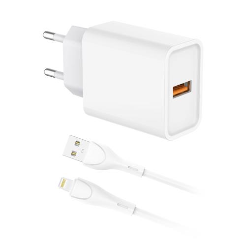 Φορτιστής Ταξιδίου inos με Έξοδο USB A 18W & Lightning Καλώδιο 1m Λευκό