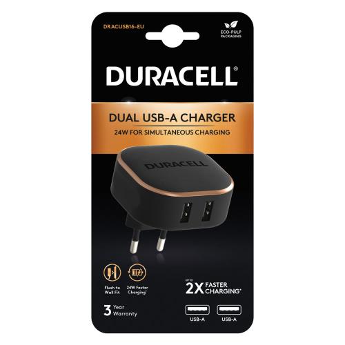 Φορτιστής Ταξιδίου Duracell 24W με Διπλή Έξοδο USB A 4.8A Μαύρο