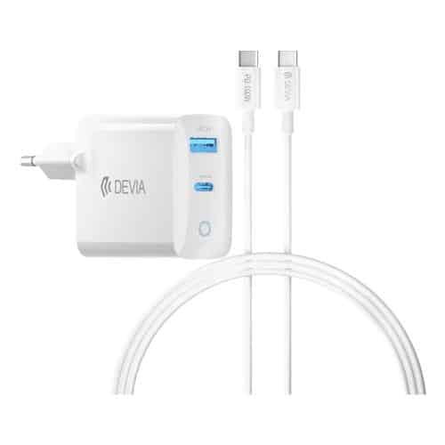 Travel Fast Charger Devia EA338 65W with Dual Output USB A & USB C GaN PD + QC & USB C to USB C Cable Extreme Speed White