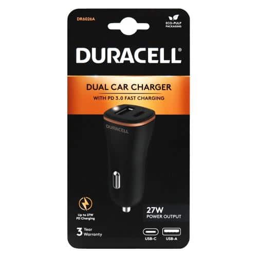 Φορτιστής Αυτοκινήτου Duracell με Έξοδο USB A & Έξοδο USB C PD 3.0 27W Μαύρο-Μπρονζέ