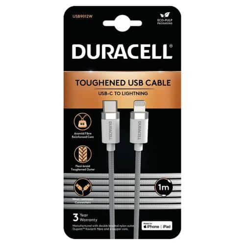 USB 2.0 Cable Duracell Braided Kevlar USB C to MFI Lightning 1m White