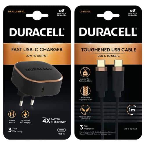 Φορτιστής Ταξιδίου Duracell PD 20W USB C + Καλώδιο Kevlar USB C 1m Μαύρο