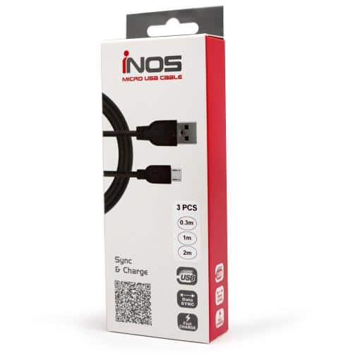 Σετ Καλώδια Σύνδεσης inos USB A σε Micro USB 0.3m/ 1m/ 2m Μαύρο (3 τεμ.)