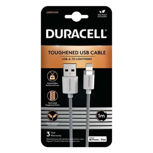 USB 2.0 Cable Duracell Braided Kevlar USB A to MFI Lightning 1m White