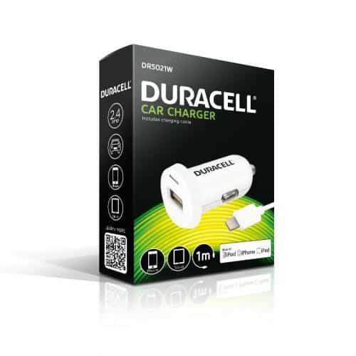 Car Charger Duracell with Single USB 2.4Α & MFI Lightning Cable 1m White