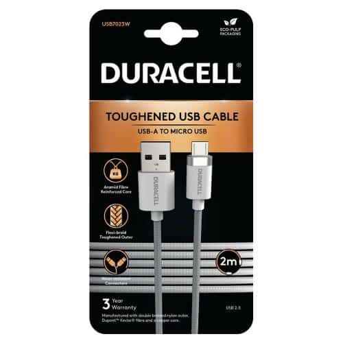 USB 2.0 Cable Duracell Braided Kevlar USB A to Micro USB 2m White