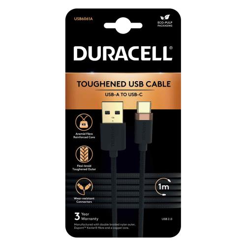 Καλώδιο Σύνδεσης USB 2.0 Duracell Braided Kevlar USB A σε USB C 1m Μαύρο