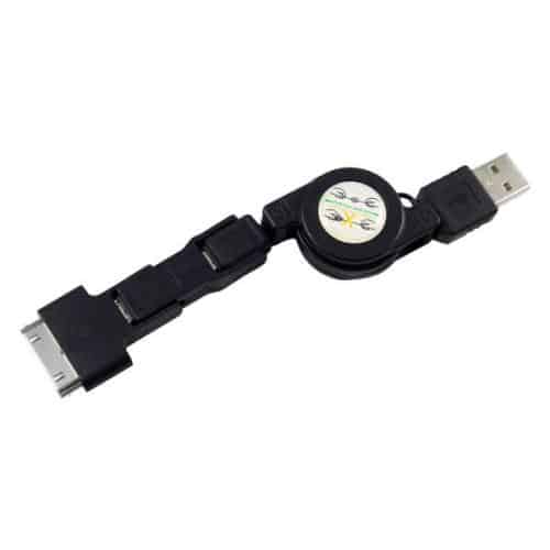 USB 2.0 Retractable Cable USB A to Micro USB/ Lightning/ 30-pin 3in1 Black (Bulk)