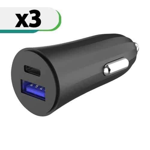 Car Fast Charger inos with USB C Output PD 3.0 & USB A Output QC 3.0 30W Black (3 pcs)