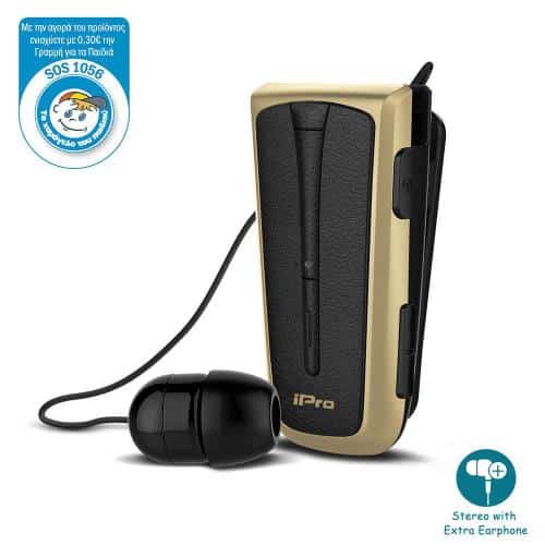 Στερεοφωνικό Ακουστικό Bluetooth iPro RH219s Retractable με Δόνηση Μαύρο-Χρυσό