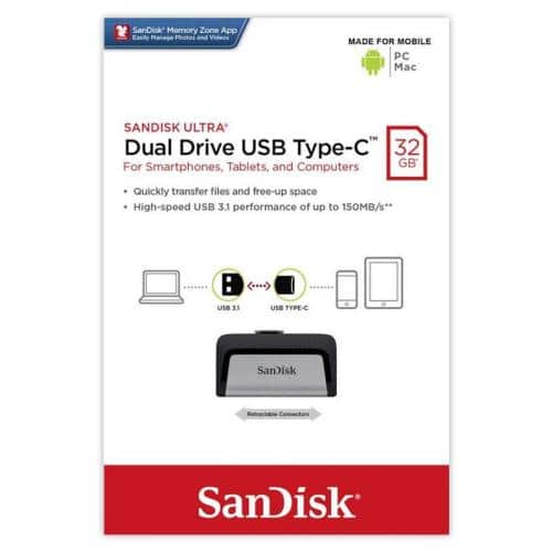 USB 3.1 Flash Disk SanDisk Dual Drive USB C 32GB 150 MB/s Ασημί