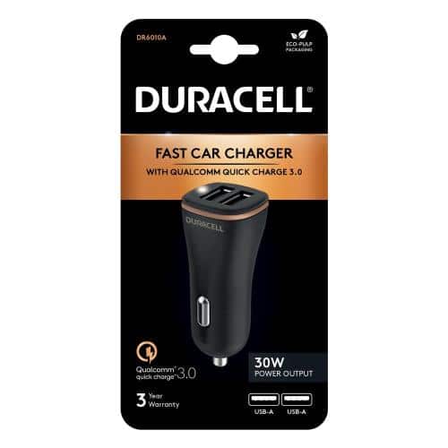 Car Charger Duracell QC3.0 30W with Dual USB Output 4.8A Black