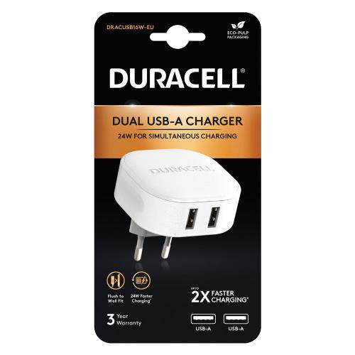 Φορτιστής Ταξιδίου Duracell 24W με Διπλή Έξοδο USB A 4.8A Λευκό