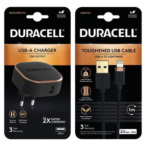 Φορτιστής Ταξιδίου Duracell 12W USB 2.4A + Καλώδιο Kevlar MFI Lightning 1m Μαύρο