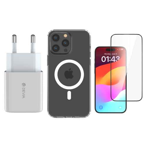 Travel Fast Charger Devia PD 30W & ShockProof Case & Tempered Glass Apple iPhone 15 Pro Max Pack White
